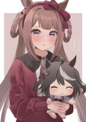 Rule 34 | 1girl, absurdres, animal ears, blush, brown background, brown hair, character doll, commentary request, doll, hair ribbon, hair rings, hanazawa ma, highres, holding, holding doll, horse ears, horse girl, kitasan black (umamusume), long hair, long sleeves, looking at viewer, parted lips, purple eyes, ribbon, solo, sweep tosho (umamusume), twintails, two-tone background, umamusume, upper body, white background