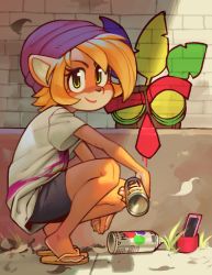 Rule 34 | 1girl, aku aku, alternate hair length, alternate hairstyle, animal ears, beanie, bike shorts, body fur, cellphone, closed mouth, coco bandicoot, crash bandicoot (series), day, female focus, flip-flops, from side, full body, furry, furry female, graffiti, grass, green eyes, happy, hat, jaggy lines, kilroy was here, leaf, looking at viewer, outdoors, phone, purple hat, sandals, shirt, short hair, short sleeves, smile, solo, spray can, spray paint, squatting, wamudraws, white shirt, yellow footwear