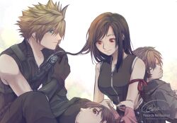 2boys 2girls arm_ribbon baggy_pants bare_shoulders black_gloves black_hair black_pants black_sleeves blonde_hair blue_eyes breasts brown_hair child closed_eyes closed_mouth cloud_strife crop_top denzel_(ff7) detached_sleeves final_fantasy final_fantasy_vii final_fantasy_vii_advent_children gloves hashtag-only_commentary holding_another&#039;s_hair lap_pillow light_blush long_hair looking_at_another lying marlene_wallace medium_breasts midriff_peek multiple_boys multiple_girls on_back pants popped_collar red_eyes red_ribbon ribbon shirt short_hair signature single_detached_sleeve single_shoulder_pad sitting sleeping sleeveless sleeveless_shirt smile spiked_hair tank_top tifa_lockhart tying_another&#039;s_hair upper_body watermark white_tank_top wia_vi