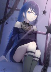 1girl absurdres bare_shoulders black_jacket black_shorts black_socks blue_eyes blue_hair blurry chain closed_mouth earrings expressionless feet_out_of_frame hair_ornament hairclip highres hoshino_ichika_(project_sekai) jacket jewelry kneehighs legwear_garter long_hair looking_at_viewer oekkjan off_shoulder project_sekai shirt short_shorts shorts signature sitting socks solo star_(symbol) swept_bangs