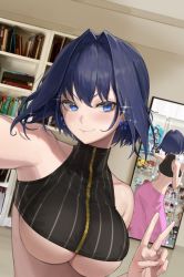 Rule 34 | 1girl, bare shoulders, blue eyes, blue hair, book, bookshelf, breasts, cellphone, closed mouth, commentary, crop top, earrings, fate testarossa, figure, hair between eyes, hair intakes, highres, holding, holding phone, hololive, hololive english, indoors, jewelry, large breasts, light blush, light smile, looking at viewer, love live!, lyrical nanoha, maenoo, mahou shoujo lyrical nanoha, mirror, nishikino maki, ouro kronii, outstretched arm, pants, phone, photo background, pink pants, reflection, selfie, sinon, skindentation, smartphone, sparkle, sword art online, takamachi nanoha, tojo nozomi, underboob, upper body, v, virtual youtuber, yazawa nico, zipper, zipper pull tab