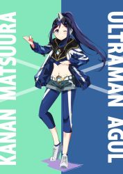 Rule 34 | 1girl, belt, blue background, blue hair, blue socks, blush, breasts, capri pants, character name, color timer, commentary, cosplay, english text, full body, green background, headphones, high ponytail, highres, jacket, large breasts, looking at viewer, love live!, love live! sunshine!!, matsuura kanan, midriff, navel, one eye closed, pants, pants under shorts, purple eyes, sasanon (sasapoliton), shoes, short shorts, shorts, sidelocks, smile, socks, solo, two-tone background, ultra series, ultraman agul, ultraman agul (cosplay), ultraman gaia (series), white footwear