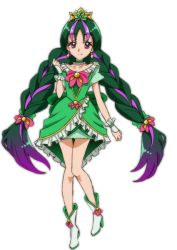 Rule 34 | 1girl, boots, braid, brown eyes, choker, dress, earrings, eyelashes, frilled dress, frills, full body, go! princess precure, gradient hair, green dress, green hair, hair ornament, hair ribbon, happy, high heel boots, high heels, streaked hair, jewelry, long hair, looking at viewer, magical girl, multicolored hair, nanase yui, petit ange (artist), precure, purple hair, ribbon, smile, solo, streaked hair, transparent background, twin braids, twintails, two-tone hair, very long hair, alternate universe, white background, wrist cuffs