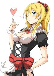 Rule 34 | 10s, 1girl, akita hika, ayase eli, bad id, bad pixiv id, blonde hair, blowing kiss, blue eyes, blush, breasts, cleavage, earrings, hair ribbon, hand on own hip, heart, jewelry, long hair, love live!, love live! school idol project, maid, medium breasts, one eye closed, ribbon, simple background, sketch, solo, wink, wrist cuffs
