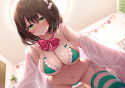 Rule 34 | 1girl, blush, bra, breasts, brown hair, ceiling, ceiling light, cleavage, closed mouth, curtains, dress shirt, frilled bra, frills, green bra, green eyes, green panties, green thighhighs, hair between eyes, highres, indoors, large breasts, looking at viewer, medium hair, navel, navy (navy.blue), non-web source, original, panties, red neckwear, shiny skin, shirt, side-tie panties, smile, solo, striped clothes, striped thighhighs, thighhighs, underboob, underwear, white shirt, white thighhighs