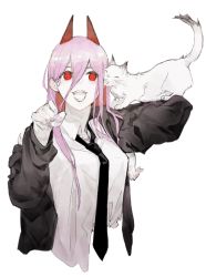 Rule 34 | + +, 1girl, :d, black jacket, black necktie, cat, chainsaw man, cross-shaped pupils, fang, fingernails, hair between eyes, hand up, horns, jacket, long hair, long sleeves, looking at viewer, meowy (chainsaw man), nail polish, necktie, neko (ganecooo), open clothes, open jacket, open mouth, paw pose, pink hair, power (chainsaw man), red eyes, shirt, simple background, smile, solo, symbol-shaped pupils, upper body, white background, white cat, white shirt
