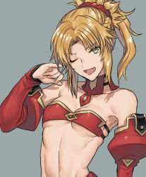 Rule 34 | 1girl, ;d, absurdres, blonde hair, bra, breasts, choker, cleavage, collarbone, detached sleeves, fang, fate/apocrypha, fate (series), green eyes, grey background, hair intakes, hair ornament, hair scrunchie, high ponytail, highres, long hair, long sleeves, mordred (fate), mordred (fate/apocrypha), navel, none (kameko227), one eye closed, open mouth, red bra, red scrunchie, red sleeves, scrunchie, sideboob, simple background, small breasts, smile, solo, strapless, strapless bra, underboob, underwear, upper body