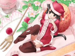 Rule 34 | 1girl, alcohol, animal ears, bad feet, berry, black eyes, black hair, boots, cake, cat ears, cat tail, cup, drinking glass, flower, food, fork, fruit, hat, high heels, icing, in food, kanzaki miku, kuroinu, mini person, minigirl, original, plate, santa hat, shoes, single shoe, solo, strawberry, strawberry blossoms, tail, thighhighs, wine, wine glass