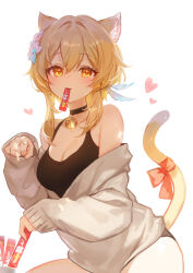 Rule 34 | 1girl, adelie cat, alternate costume, animal ears, bare shoulders, bell, black choker, black tank top, blonde hair, blush, breasts, cat ears, cat tail, choker, cleavage, coat, feather hair ornament, feathers, flower, genshin impact, hair between eyes, hair flower, hair ornament, hand up, heart, highres, kemonomimi mode, long sleeves, looking at viewer, lumine (genshin impact), medium breasts, mouth hold, neck bell, open clothes, open coat, open mouth, paw pose, puffy long sleeves, puffy sleeves, short hair, short hair with long locks, sidelocks, simple background, solo, tail, tank top, upper body, white background, white coat, white flower, yellow eyes