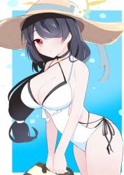 Rule 34 | 1girl, black choker, black hair, blue archive, blue background, breasts, choker, cleavage, flower, hair over one eye, hat, hat flower, highres, hinata (blue archive), hinata (swimsuit) (blue archive), large breasts, long hair, low-tied long hair, one-piece swimsuit, red eyes, straw hat, swimsuit, urode, white one-piece swimsuit