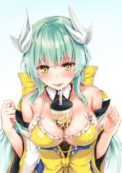 Rule 34 | 1girl, :p, bad id, bad pixiv id, between breasts, bikini, blue background, blush, breasts, bubble tea, bubble tea challenge, collarbone, detached collar, dragon girl, dragon horns, drinking straw, fate/grand order, fate (series), frilled bikini, frills, gradient background, green hair, highres, horns, kiyohime (fate), kiyohime (fate/grand order), kiyohime (swimsuit lancer) (fate), kiyohime (swimsuit lancer) (first ascension) (fate), konka, large breasts, long hair, looking at viewer, naughty face, obi, sash, solo, sweat, swimsuit, tongue, tongue out, upper body, white background, yellow bikini, yellow eyes