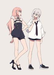 Rule 34 | 2girls, arm at side, black necktie, black shorts, blue eyes, candy, cei (sohin), food, full body, grey background, grey hair, hand on own hip, heel up, high heels, high tops, lollipop, long hair, long sleeves, looking at another, mee (sohin), mouth hold, multiple girls, necktie, open mouth, original, pink hair, pointy ears, shirt, shoes, short hair, shorts, simple background, sneakers, socks, sohin, standing, white shirt, wristband