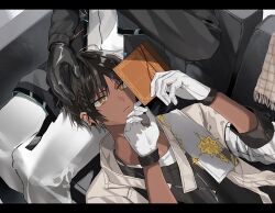 Rule 34 | 1boy, 1other, arknights, black hair, black jacket, black shirt, blanket, book, brown jacket, commentary, couch, dark-skinned male, dark skin, doctor (arknights), faceless, frown, gloves, hand on another&#039;s head, hishoti cheese, holding, holding book, jacket, jewelry, lap pillow, looking up, necklace, pants, reading, shirt, short hair, sketch, thorns (arknights), upper body, white gloves, white pants, white shirt, yellow eyes