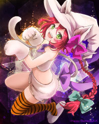 Rule 34 | 1girl, :d, animal ears, animal hands, blush, bow, braid, cat ears, cat paws, cat tail, ears through headwear, green eyes, hair bow, hat, long hair, looking at viewer, majoca majoluna, open mouth, red hair, rie (ooorie), single braid, single thighhigh, smile, solo, striped clothes, striped thighhighs, tail, thighhighs, watermark, witch hat