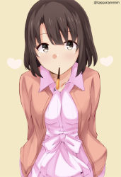 Rule 34 | 1girl, bad id, bad pixiv id, beige background, black eyes, blush, bow, brown hair, brown jacket, collared shirt, commentary request, food, food in mouth, head tilt, heart, jacket, katou megumi, looking at viewer, mouth hold, pink bow, pink shirt, pocky, pocky kiss, saenai heroine no sodatekata, shared food, shirt, simple background, solo, tasora, twitter username, upper body