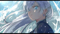 Rule 34 | 1girl, artist name, blue eyes, closed mouth, earrings, from side, isshiki (ffmania7), jewelry, letterboxed, lips, long hair, ponytail, rwby, signature, silver hair, solo, twitter username, upper body, weiss schnee