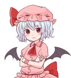 Rule 34 | 1girl, batta (ijigen debris), blue hair, blush, closed mouth, crossed arms, hat, looking at viewer, mob cap, pink hat, pink shirt, pink skirt, puffy short sleeves, puffy sleeves, red eyes, remilia scarlet, shirt, short hair, short sleeves, simple background, skirt, solo, touhou, upper body, white background, wings, wristband