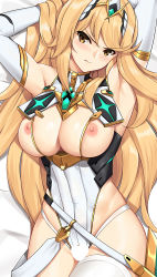 Rule 34 | 1girl, armpits, arms up, bare shoulders, blonde hair, blush, breastless clothes, breasts, censored, commentary, dakimakura (medium), elbow gloves, english commentary, frown, gem, gloves, hair ornament, head tilt, headpiece, heart, heart censor, highleg, highleg leotard, jewelry, large breasts, leotard, long hair, looking at viewer, lying, mythra (xenoblade), nintendo, nipples, on back, solo, swept bangs, thighhighs, tiara, tony guisado, v-shaped eyebrows, very long hair, white gloves, white thighhighs, xenoblade chronicles (series), xenoblade chronicles 2, yellow eyes