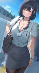 Rule 34 | 1girl, black bag, black hair, black pantyhose, blush, bracelet, breast pocket, breasts, cleavage, closed mouth, collarbone, collared shirt, commentary request, cowboy shot, green eyes, highres, jewelry, large breasts, long hair, looking at viewer, necklace, office lady, original, outdoors, pantyhose, pocket, shirt, shirt tucked in, short sleeves, shougun (chuckni1), smile, solo