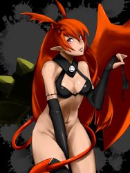 Rule 34 | 1girl, bare shoulders, breasts, cleavage, covering privates, covering crotch, demon girl, elbow gloves, female focus, gloves, horns, long hair, lord of vermilion, navel, no panties, pink eyes, pointy ears, red hair, single thighhigh, solo, demon girl, succubus (lord of vermilion), tail, thighhighs