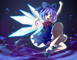 Rule 34 | 1girl, :d, arms up, bad id, bad pixiv id, bloomers, blue eyes, blue hair, bow, cirno, embodiment of scarlet devil, fang, female focus, full body, hair bow, looking at viewer, mary janes, matching hair/eyes, open mouth, outstretched arm, ribbon, shoes, short hair, smile, socks, solo, touhou, underwear, white socks, wings, zekkyou (h9s9)