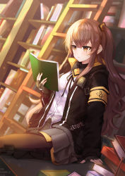 Rule 34 | 1girl, arm support, armband, bad id, bad pixiv id, black gloves, book, book stack, bookshelf, brown eyes, brown hair, fingerless gloves, girls&#039; frontline, gloves, hair between eyes, hair ornament, highres, holding, indoors, jacket, ladder, long hair, long sleeves, looking at object, one side up, pantyhose, pistachiocream, reading, scar, scar across eye, scar on face, shirt, sidelocks, sitting, skirt, ump45 (girls&#039; frontline)