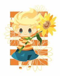 Rule 34 | 1boy, blonde hair, blue shorts, blush stickers, border, closed mouth, flower, full body, hitofutarai, holding, holding flower, looking at viewer, lucas (mother 3), male focus, mother (game), mother 3, nintendo, orange footwear, shirt, short sleeves, shorts, smile, socks, solo, standing, striped clothes, striped shirt, sunflower, white border, white socks, yellow flower