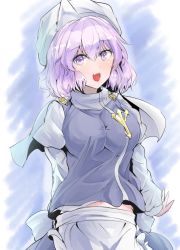 Rule 34 | 1girl, :d, apron, blue background, blue skirt, blue vest, blush, breasts, commentary request, cowboy shot, hair between eyes, hat, highres, juliet sleeves, large breasts, letty whiterock, long sleeves, looking at viewer, midriff peek, navel, open mouth, puffy sleeves, purple eyes, purple hair, shirt, short hair, skirt, skirt set, smile, solo, touhou, triangular headpiece, vest, waist apron, white apron, white hat, white shirt, y2