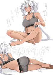 Rule 34 | 1girl, absurdres, ass, barefoot, black nails, blush, breasts, butt crack, cleavage, collarbone, dark-skinned female, dark skin, eyewear on head, fingernails, glasses, grey hair, grey sports bra, hair between eyes, highres, kantai collection, large breasts, long hair, multiple views, musashi (kancolle), nail polish, navel, open mouth, red eyes, simple background, smile, sports bra, toenail polish, toenails, translation request, two side up, white background, yunamaro