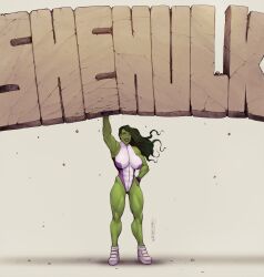 Rule 34 | 1girl, absurdres, arm up, breasts, character name, colored skin, covered abs, devilhs, green eyes, green hair, green skin, grin, hand on own hip, highres, large breasts, leotard, long hair, looking at viewer, marvel, muscular, muscular female, purple leotard, she-hulk, shoes, signature, simple background, smile, sneakers, solo, standing, two-tone leotard, white footwear, white leotard