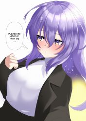 Rule 34 | 1girl, black jacket, blush, breasts, gradient hair, highres, hololive, hololive indonesia, jacket, jitome, kaiyen, large breasts, long hair, moona hoshinova, multicolored hair, purple eyes, purple hair, sleeves past wrists, starry hair, sweater, virtual youtuber, white background, white sweater