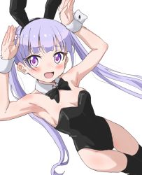 Rule 34 | 1girl, :d, animal ears, armpits, arms up, black bow, black bowtie, black hairband, black leotard, black thighhighs, blush, bow, bowtie, breasts, cleavage, collar, detached collar, dutch angle, fake animal ears, groin, hairband, highres, leotard, long hair, looking at viewer, medium breasts, new game!, open mouth, playboy bunny, purple eyes, purple hair, rabbit ears, rabbit pose, sincos, smile, solo, strapless, strapless leotard, suzukaze aoba, thigh gap, thighhighs, twintails, very long hair, white collar, wing collar, wrist cuffs