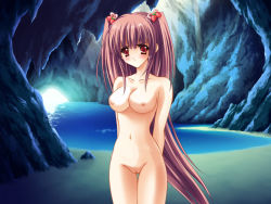 Rule 34 | 1girl, airi (quilt), angry, arms behind back, blush, breasts, carnelian, game cg, long hair, medium breasts, nipples, nude, purple hair, pussy, quilt, quilt (game), red eyes, solo, standing, thigh gap, thighs, twintails, two side up, uncensored, very long hair, water