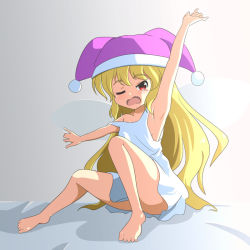 Rule 34 | 1girl, ;o, arm up, armpits, bare legs, barefoot, blonde hair, cato (monocatienus), chemise, clownpiece, commentary request, convenient leg, fairy wings, full body, hat, jester cap, knee up, long hair, looking at viewer, nightcap, nightgown, on bed, one eye closed, open mouth, outstretched arms, red eyes, sitting, sleepwear, strap slip, stretching, sunlight, touhou, very long hair, waking up, wavy mouth, wings, yawning