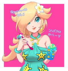 Rule 34 | 1girl, ;p, ? block, bare shoulders, baskin-robbins, blonde hair, blue eyes, breasts, collarbone, cup, earrings, eyelashes, flower, hair flower, hair ornament, hair over one eye, highres, holding, holding cup, holding spoon, ice cream spoon, ice flower, ice mario, jewelry, looking at viewer, mario (series), mario kart, mario kart tour, nintendo, official alternate costume, one eye closed, purple nails, rosalina, rosalina (swimwear), solo, spoon, star (symbol), star earrings, tongue, tongue out, twitter username, upper body, yyouauo33