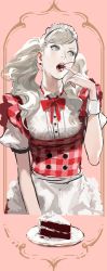 Rule 34 | 10s, 1girl, apron, blonde hair, blue eyes, breasts, cake, cherry, earrings, food, fruit, highres, jewelry, long hair, maid headdress, megami tensei, neck ribbon, open mouth, persona, persona 5, ribbon, rr (suisse200), shin megami tensei, solo, takamaki anne, teeth, tongue, twintails, wrist cuffs