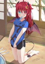 Rule 34 | ahoge, barefoot, bat wings, black shorts, blue eyes, blue shirt, clothes writing, cooler, crescent, crescent hair ornament, dated, demon tail, food in mouth, hair ornament, heterochromia, highres, horns, indoors, kneeling, looking at viewer, medium hair, nijisanji, popsicle, popsicle in mouth, red eyes, red hair, shiisaa3, shirt, shorts, tail, two side up, virtual youtuber, wings, yuzuki roa
