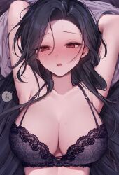 Rule 34 | 1girl, absurdres, alternate costume, arms behind head, arms up, black bra, black hair, blush, bra, breasts, cleavage, collarbone, commentary request, goddess of victory: nikke, heart, highres, kumo tabetai, lace, lace bra, large breasts, lingerie, long hair, looking at viewer, maiden (nikke), open mouth, red eyes, solo, speech bubble, sweat, teeth, underwear, upper body, upper teeth only