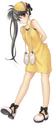 Rule 34 | 1girl, arms behind back, bare shoulders, black hair, brown eyes, dress, female focus, full body, gloves, grey hair, hat, hat ribbon, long hair, mary janes, original, piyodera mucha, ribbon, shoes, side ponytail, simple background, solo, standing, transparent background, white background