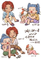 Rule 34 | 1girl, 2boys, aged down, alternate hairstyle, artist request, baby, blue hair, blush, buggy the clown, chibi, child, comb, dress, father and daughter, happy, headphones, highres, jacket, long hair, looking at another, makeup, multicolored hair, multiple boys, one piece, one piece film: red, open mouth, pacifier, red hair, shanks (one piece), simple background, sitting, smile, translation request, two-tone hair, uta (one piece), very long hair