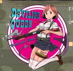 Rule 34 | 1girl, absurdres, aircraft, airplane, ammunition belt, bomb, braid, breasts, brown eyes, brown hair, camouflage, casing ejection, demon tail, demon wings, earrings, english text, explosive, french braid, gun, hair ornament, hairclip, highres, holding, holding gun, holding weapon, horns, jewelry, killmark, loafers, looking at viewer, medium breasts, necktie, nose art, oni, original, over-kneehighs, pointy ears, pump action, rivets, school uniform, shell casing, shoes, short hair, shotgun, shotgun shell, skin-covered horns, smoke, smoking barrel, solo, strap, stud earrings, tactical clothes, tail, tally, teddy (takarada), thighhighs, trigger discipline, weapon, white thighhighs, wings