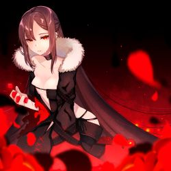 Rule 34 | 1girl, black dress, blurry, breasts, brown hair, center opening, collarbone, crying, dress, fate/grand order, fate (series), flower, fur, fur collar, highres, large breasts, long hair, looking at viewer, petals, ponita, red eyes, red flower, revealing clothes, sidelocks, solo, tears, very long hair, yu mei-ren (fate)
