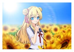 Rule 34 | 1girl, claudina skylark (mousugu natsuyasumi! 2), flower field, kurookuro6, mousugu natsuyasumi! 2, solo, sunflower, sunflower field