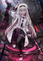Rule 34 | 1girl, blonde hair, blue eyes, cloud, cloudy sky, commission, deviantarthiirotaka, glasses, gretel (mary skelter), hairband, long hair, looking at viewer, mary skelter, pantyhose, polearm, scythe, skirt, sky, smile, solo, weapon
