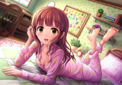 1girl 2022 alarm_clock barefoot blush book breasts brown_eyes brown_hair cleavage clock desk full_body hair_down happy_birthday highres idolmaster idolmaster_cinderella_girls idolmaster_cinderella_girls_starlight_stage indoors looking_at_viewer lying ogata_chieri on_bed on_stomach open_mouth pajamas plant sleepwear small_breasts smile soles solmyr2000 solo the_pose toes