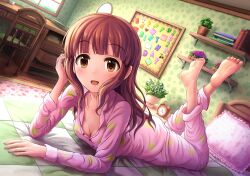 Rule 34 | 1girl, 2022, alarm clock, barefoot, blush, book, breasts, brown eyes, brown hair, cleavage, clock, desk, full body, hair down, happy birthday, highres, idolmaster, idolmaster cinderella girls, idolmaster cinderella girls starlight stage, indoors, looking at viewer, lying, ogata chieri, on bed, on stomach, open mouth, pajamas, plant, sleepwear, small breasts, smile, soles, solmyr2000, solo, the pose, toes