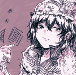 Rule 34 | 10010yyy, 1other, androgynous, brown background, chinese commentary, closed mouth, collared shirt, commentary request, frilled hat, frills, fur jacket, hair between eyes, hand up, hat, jacket, len&#039;en, monochrome, open clothes, open collar, open jacket, other focus, portrait, shirt, shitodo kuroji, short hair, simple background, sketch, solo