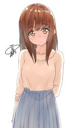 Rule 34 | 1girl, arms behind back, blouse, brown eyes, brown hair, head tilt, highres, kyoo-kyon (kyo-kyon), long hair, long sleeves, looking at viewer, original, pleated skirt, shirt, signature, simple background, skirt, solo, standing, upper body, white background, yuki arare