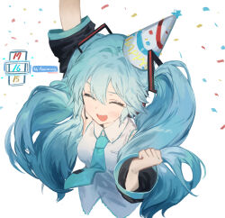 Rule 34 | 1girl, :d, anniversary, arm up, black sleeves, blue hair, blue necktie, blush, closed eyes, collared shirt, commentary, confetti, cropped torso, detached sleeves, facing ahead, from above, hair between eyes, hair ornament, hand up, hat, hatsune miku, headset, highres, long sleeves, microphone, mihoranran, necktie, open mouth, party hat, raised eyebrows, shirt, sidelocks, simple background, sleeveless, sleeveless shirt, smile, solo, teeth, tie clip, twintails, upper teeth only, vocaloid, white background, white shirt