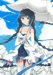 Rule 34 | 1girl, bare shoulders, black hair, blue eyes, bow, braid, breasts, ceru, choker, cleavage, cloud, day, dress, female focus, fence, hair bow, hair ornament, hairclip, highres, long hair, medium breasts, nature, open mouth, original, outdoors, plant, ribbon, sky, smile, solo, thighhighs, twin braids, twintails, umbrella, very long hair, white thighhighs, wrist cuffs